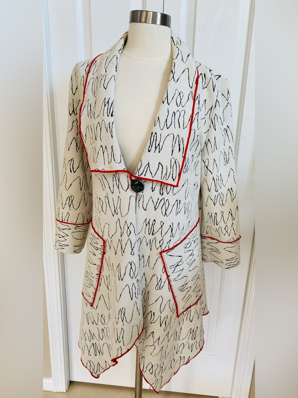 IC COLLECTION Cream Jacket with Black Scribble Print and Red Trim